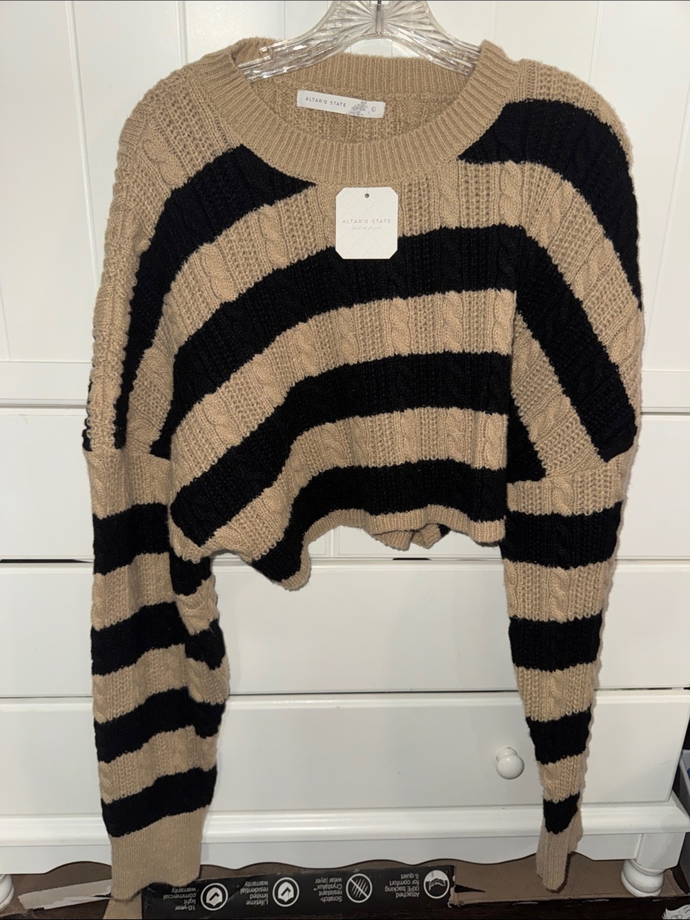 NWT Altar'd State Black and Tan Striped Cropped Crew Sweater